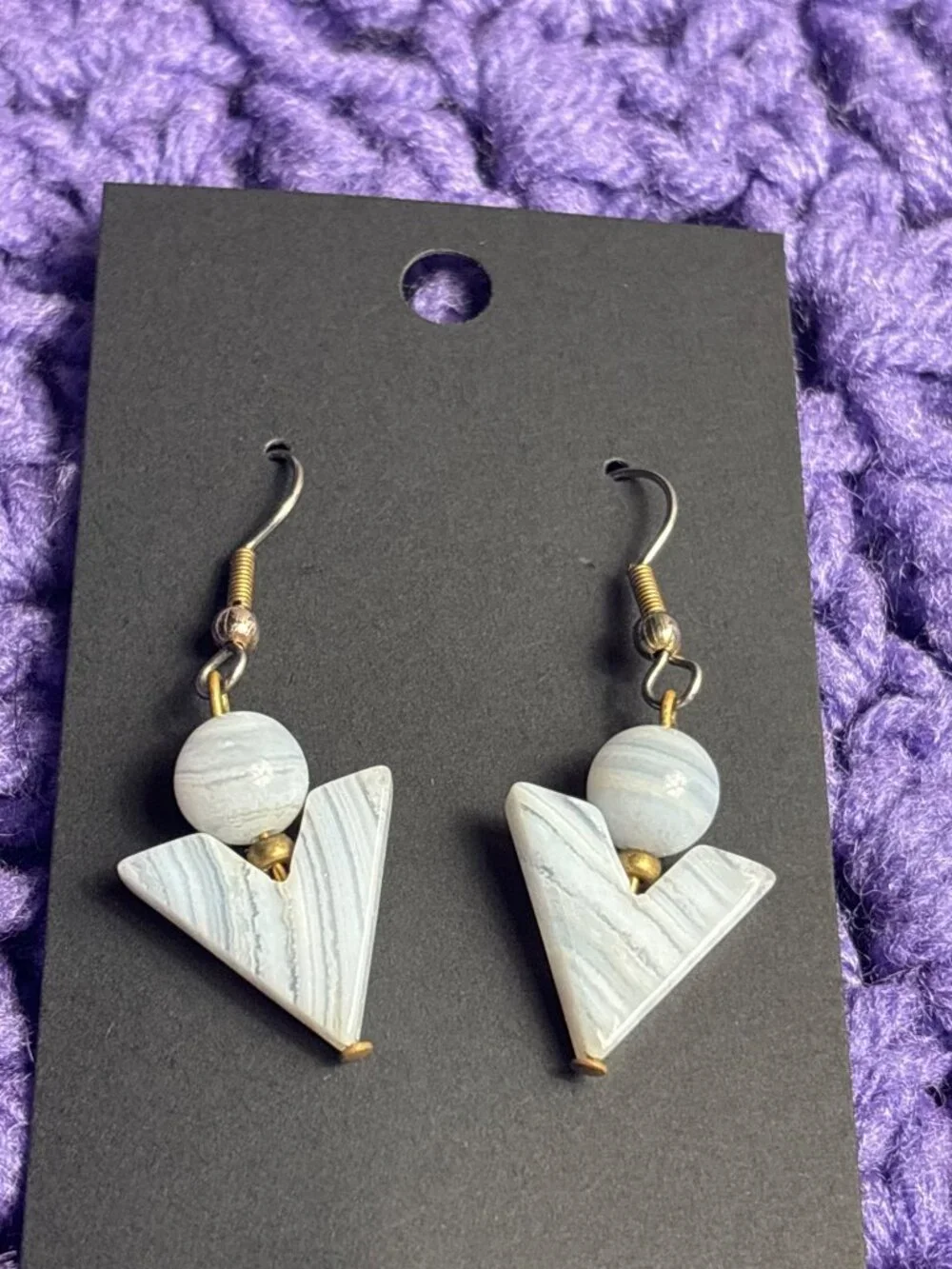 Blue Lace Agate Stone Dangle Earrings Silvertone Hooks 1 inch